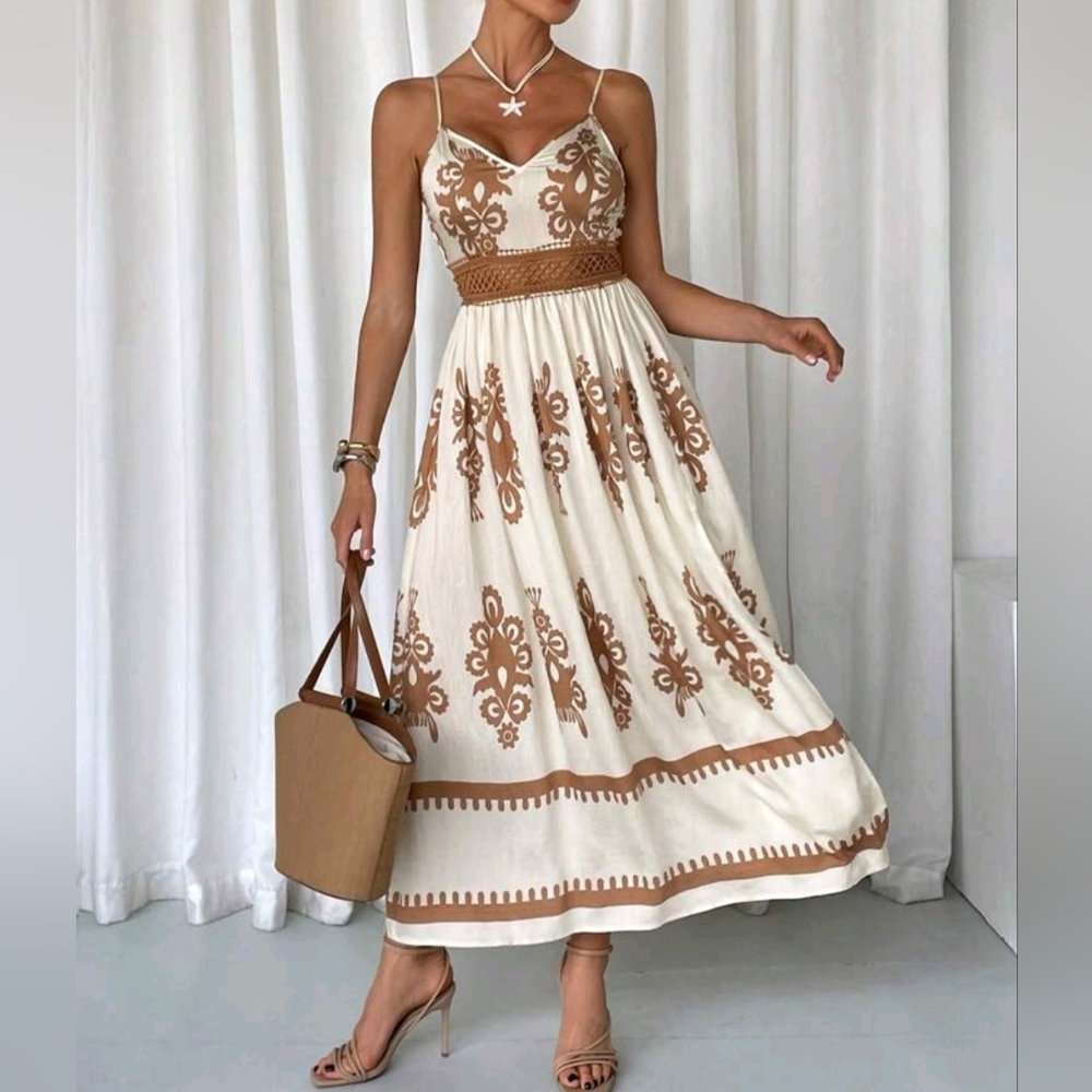 New Boho Floral Print Split Hem Cami Dress Cream Tan - Picture 2 of 9